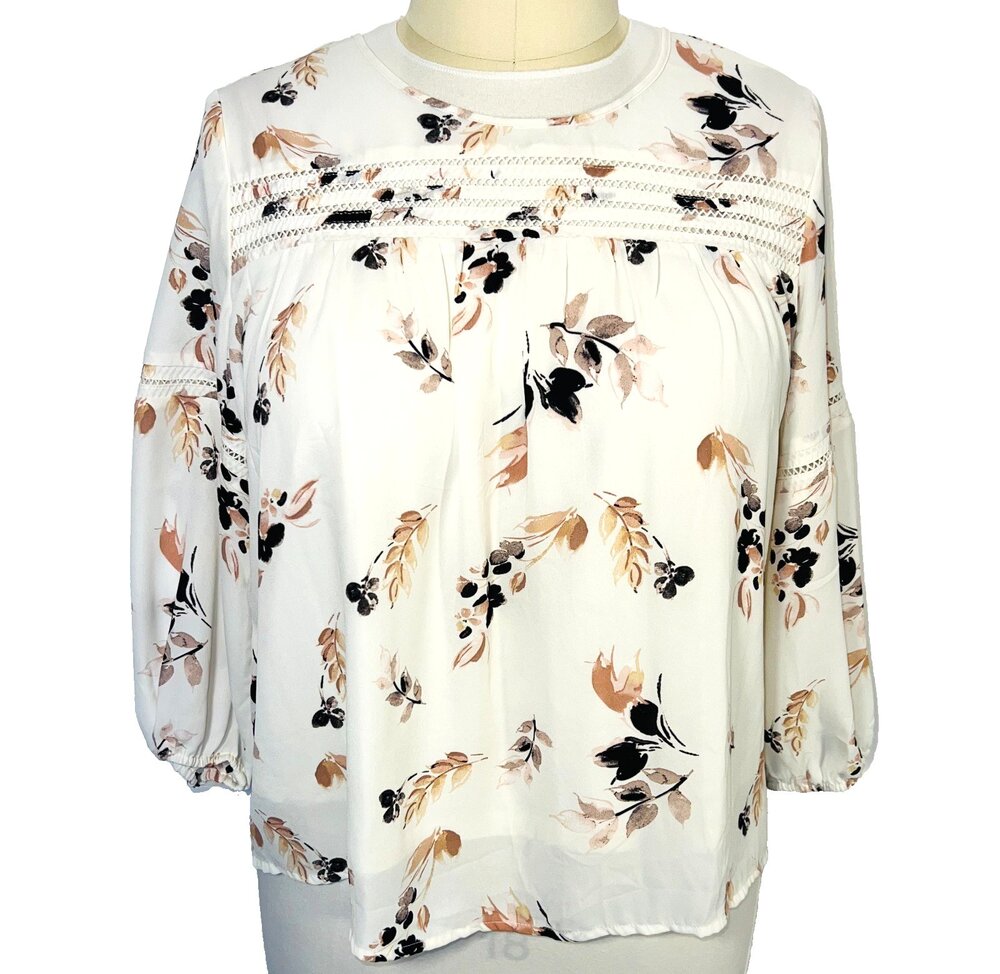Frazzle Babydoll Top Women's L Blouse White Peach Black Floral Crochet Accents